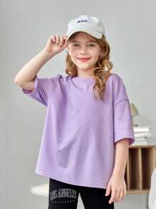 SHEIN Teen Girls' Light Purple Fashionable Casual Summer Short Sleeve T-Shirt With Text Slogan Print - Purple - View 8