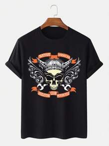 Men Skull & Letter Graphic Tee, For Halloween - Black - View 3
