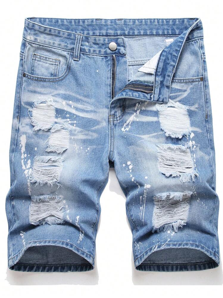 Men Ripped Frayed Denim Shorts - Medium Wash - View 1