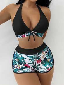 SHEIN Swim Summer Beach Tropical Print Halter Bikini Set - Multicolor - View 1