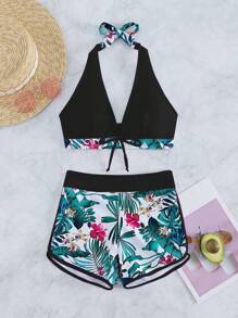 SHEIN Swim Summer Beach Tropical Print Halter Bikini Set - Multicolor - View 6