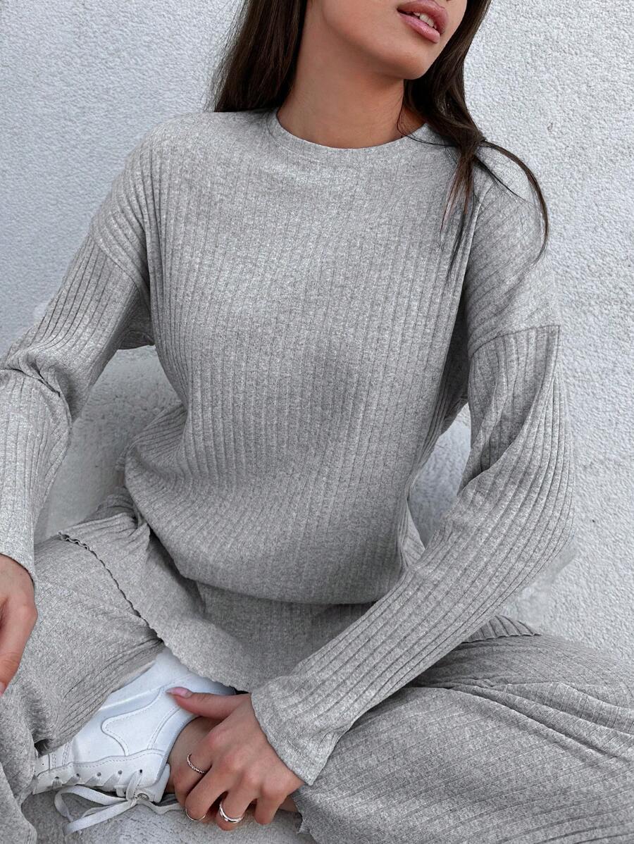 EURMUSE Áo thun và quần dệt kim xẻ gấu trễ vai - Xám - Xem 1