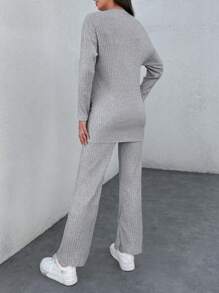 EURMUSE Áo thun và quần dệt kim xẻ gấu trễ vai - Xám - Xem 2