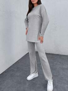 EURMUSE Áo thun và quần dệt kim xẻ gấu trễ vai - Xám - Xem 3