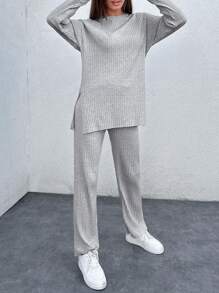 EURMUSE Áo thun và quần dệt kim xẻ gấu trễ vai - Xám - Xem 4