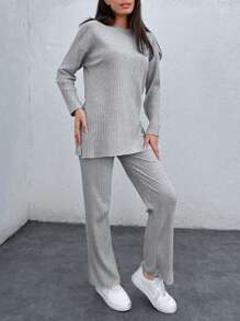 EURMUSE Áo thun và quần dệt kim xẻ gấu trễ vai - Xám - Xem 5