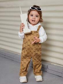 SHEIN 嬰兒女孩酷圖案背帶褲連身褲,中等厚度 - 杏色 - 查看 1