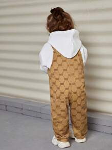 SHEIN 嬰兒女孩酷圖案背帶褲連身褲,中等厚度 - 杏色 - 查看 2