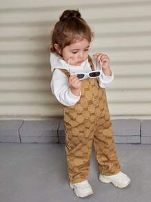 SHEIN 嬰兒女孩酷圖案背帶褲連身褲,中等厚度 - 杏色 - 查看 3