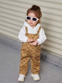 SHEIN 嬰兒女孩酷圖案背帶褲連身褲,中等厚度 - 杏色 - 查看 4