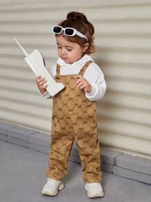 SHEIN 嬰兒女孩酷圖案背帶褲連身褲,中等厚度 - 杏色 - 查看 5