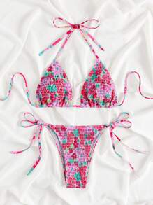 Summer Beach Floral Print Smocked Halter Triangle Bikini Set - Pink - View 8