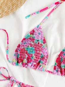 Summer Beach Floral Print Smocked Halter Triangle Bikini Set - Pink - View 9