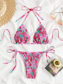 Summer Beach Floral Print Smocked Halter Triangle Bikini Set - Pink - View 6