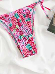 Summer Beach Floral Print Smocked Halter Triangle Bikini Set - Pink - View 10