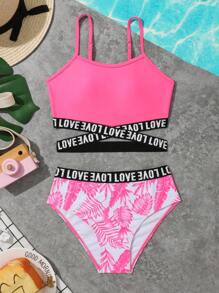 少女热带印花字母胶带比基尼套装夏日海滩 - 玫紅色 - 查看 1