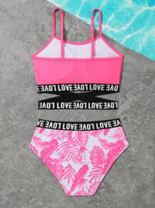 少女热带印花字母胶带比基尼套装夏日海滩 - 玫紅色 - 查看 2