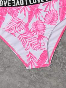 少女热带印花字母胶带比基尼套装夏日海滩 - 玫紅色 - 查看 5