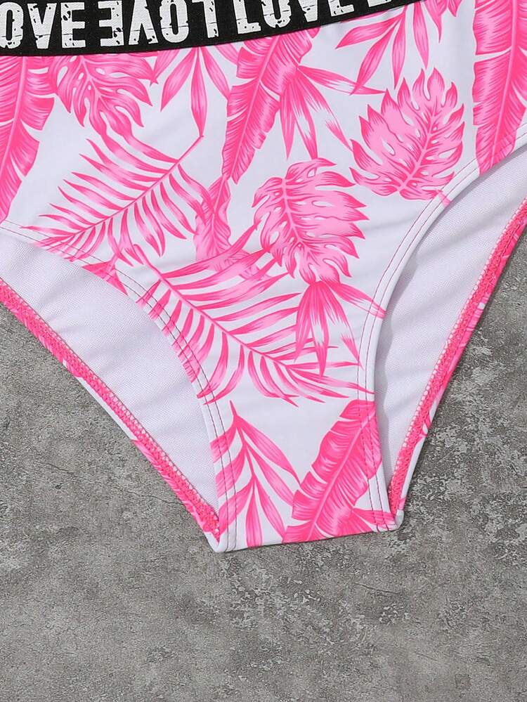 少女热带印花字母胶带比基尼套装夏日海滩 - 玫紅色 - 查看 5