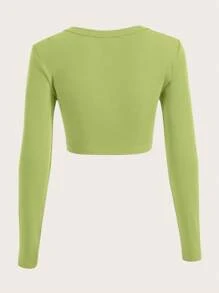 SHEIN EZwear Cổ vuông Gân đan Áo phông Crop - Màu xanh chanh - Xem 2