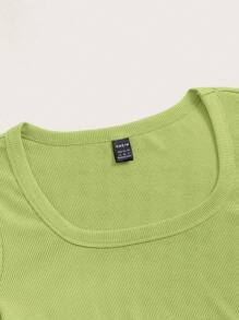 SHEIN EZwear Cổ vuông Gân đan Áo phông Crop - Màu xanh chanh - Xem 3