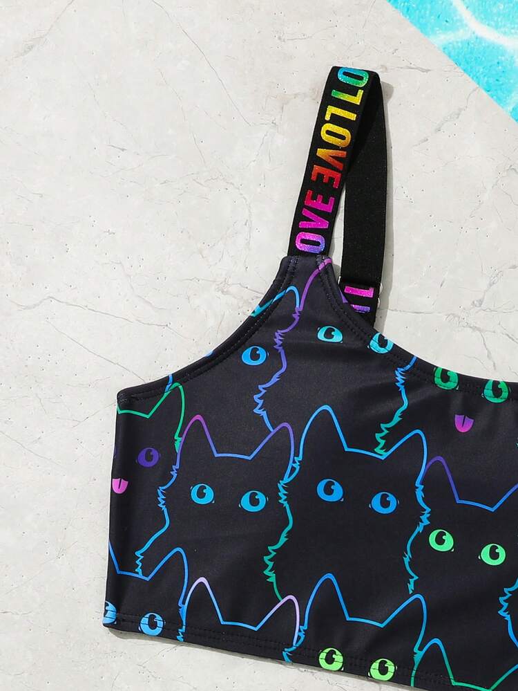 SHEIN 2 件时尚可爱彩色猫咪印花比基尼套装，适合少女夏季海滩 - 黑色 - 查看 4