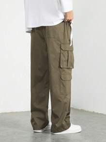 Manfinity Hypemode 鬆身男式貨物褲,帶有蓋口口袋、側邊束繩腰 - 軍綠色 - 查看 2