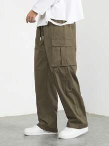 Manfinity Hypemode 鬆身男式貨物褲,帶有蓋口口袋、側邊束繩腰 - 軍綠色 - 查看 3