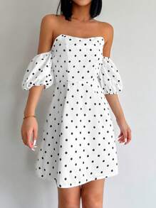 EURMUSE In vết tròn Polka Off Shoulder Ống tay áo Đầm - trắng - Xem 3