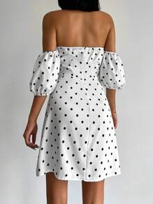 EURMUSE In vết tròn Polka Off Shoulder Ống tay áo Đầm - trắng - Xem 2