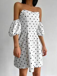 EURMUSE In vết tròn Polka Off Shoulder Ống tay áo Đầm - trắng - Xem 4