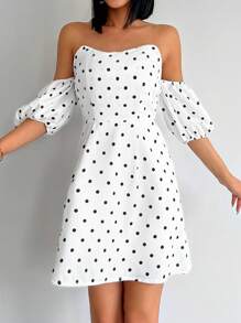 EURMUSE In vết tròn Polka Off Shoulder Ống tay áo Đầm - trắng - Xem 1