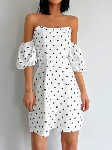 EURMUSE In vết tròn Polka Off Shoulder Ống tay áo Đầm - trắng - Xem 5