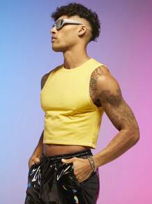 FeverCity Nam Chất rắn Crop Tank Top - Màu vàng - Xem 3