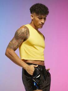 FeverCity Nam Chất rắn Crop Tank Top - Màu vàng - Xem 4