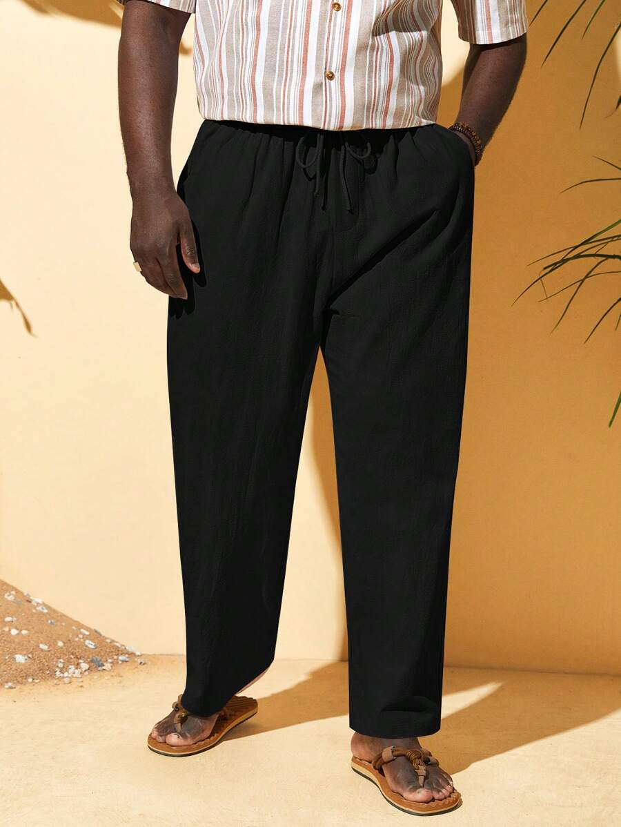 EASEVO 男士大码腰部抽繩斜口袋長褲 - 黑色 - 查看 1