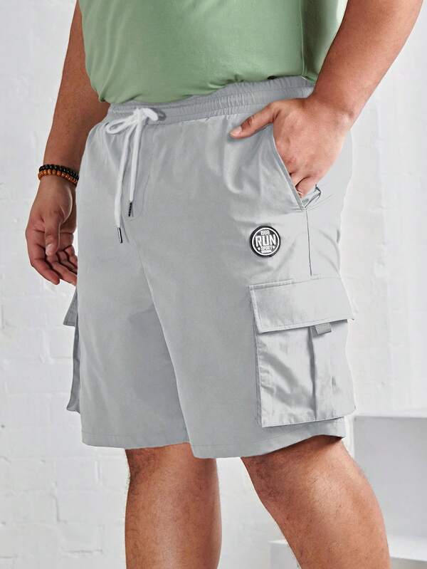 Manfinity NXTstreet Men Plus Letter Patched Flap Pocket Drawstring Waist Cargo Shorts