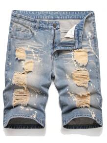 Hombres Shorts en mezclilla desgarro crudo con estampado de tinte de salpicadura - Azul lavado medio - Ver 1
