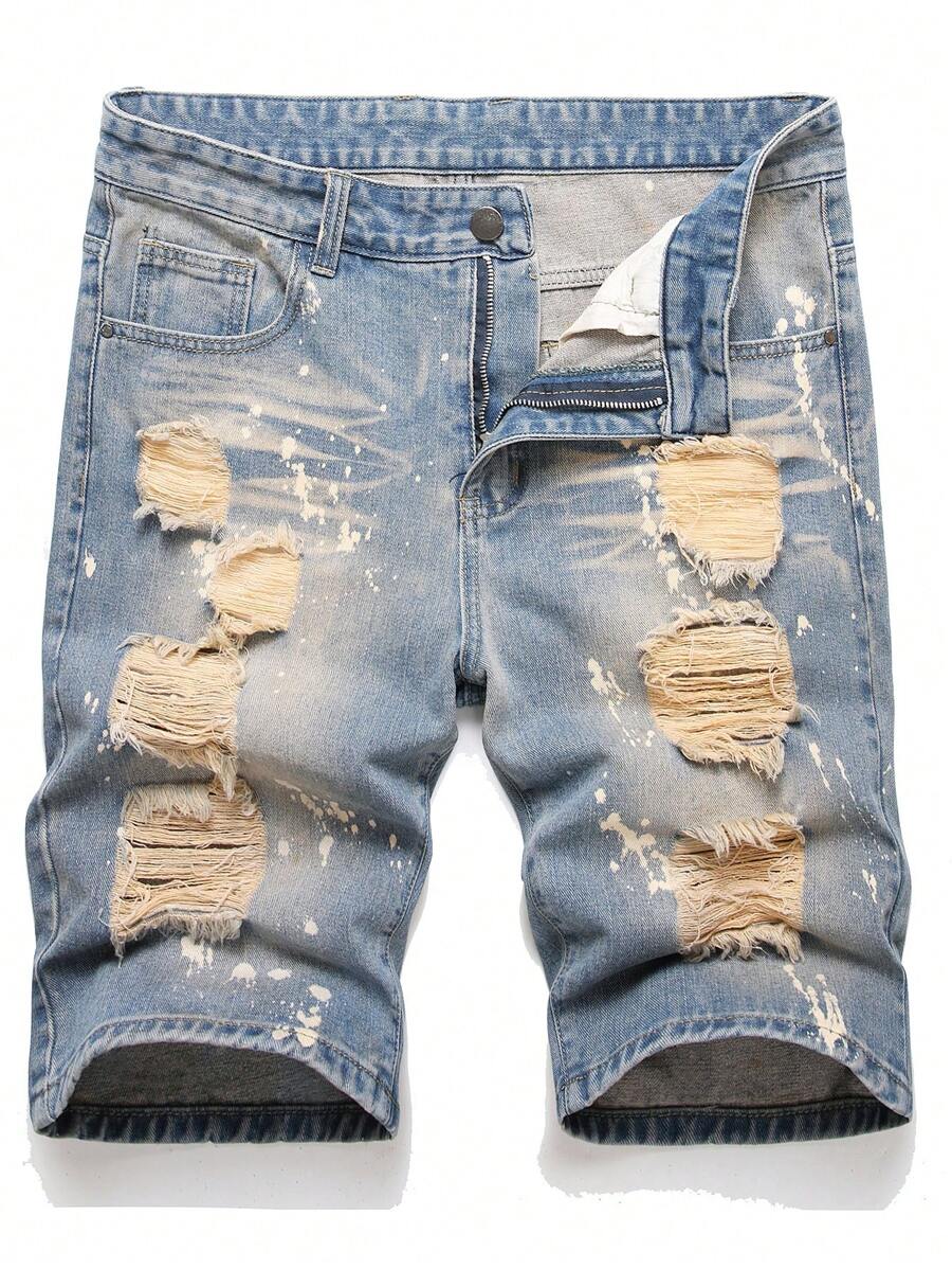 Hombres Shorts en mezclilla desgarro crudo con estampado de tinte de salpicadura - Azul lavado medio - Ver 1