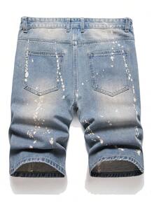 Hombres Shorts en mezclilla desgarro crudo con estampado de tinte de salpicadura - Azul lavado medio - Ver 2
