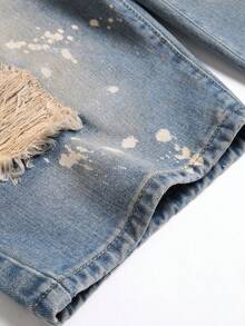 Hombres Shorts en mezclilla desgarro crudo con estampado de tinte de salpicadura - Azul lavado medio - Ver 3