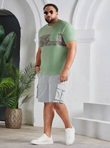 Manfinity NXTstreet Men Plus Letter Patched Flap Pocket Drawstring Waist Cargo Shorts - Light Grey - View 4