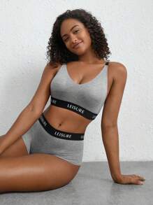 Ocili Leisure Smooth & Comfy Waist Letter Tape Bra And Boyshort Set - Light Grey - View 8