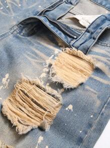Hombres Shorts en mezclilla desgarro crudo con estampado de tinte de salpicadura - Azul lavado medio - Ver 7