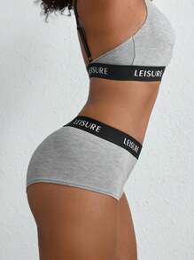 Ocili Leisure Smooth & Comfy Waist Letter Tape Bra And Boyshort Set - Light Grey - View 6