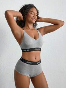 Ocili Leisure Smooth & Comfy Waist Letter Tape Bra And Boyshort Set - Light Grey - View 5