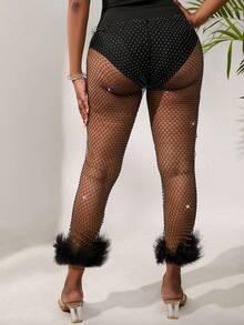 SHEIN Unity Pha lê Chi tiết đáng kinh ngạc Lưới Trang trí Fuzzy Quần - màu đen - Xem 2