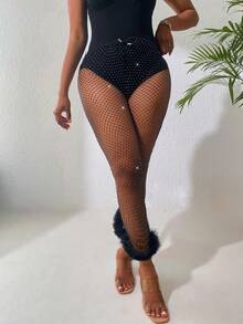 SHEIN Unity Pha lê Chi tiết đáng kinh ngạc Lưới Trang trí Fuzzy Quần - màu đen - Xem 3