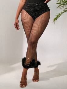 SHEIN Unity Pha lê Chi tiết đáng kinh ngạc Lưới Trang trí Fuzzy Quần - màu đen - Xem 4