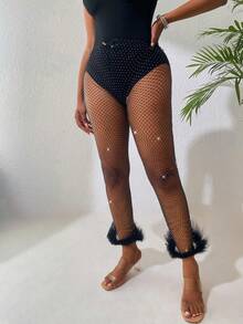 SHEIN Unity Pha lê Chi tiết đáng kinh ngạc Lưới Trang trí Fuzzy Quần - màu đen - Xem 5